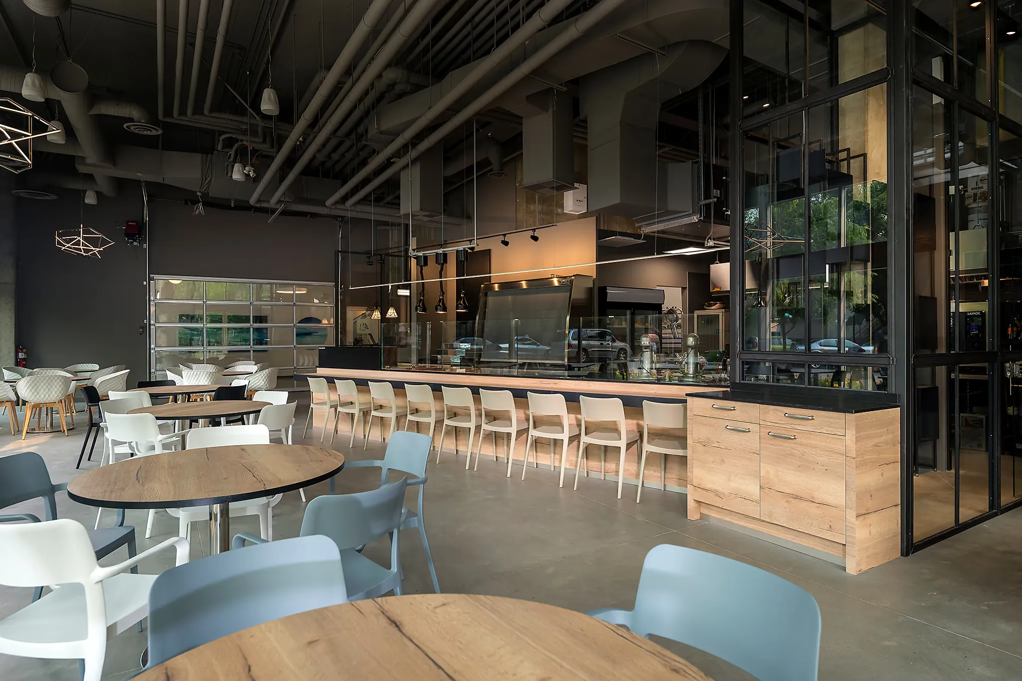 Industrial-style dining room at Gather Restaurant